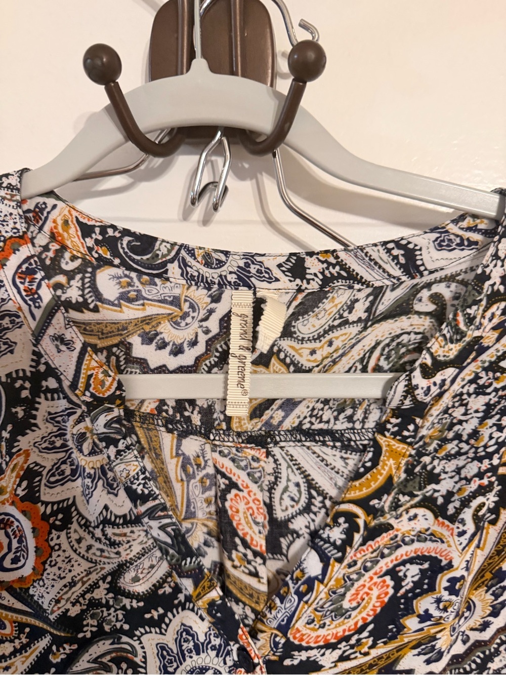 grand & greene Paisley V-Neck Blouse - Navy, White, Gold, Orange